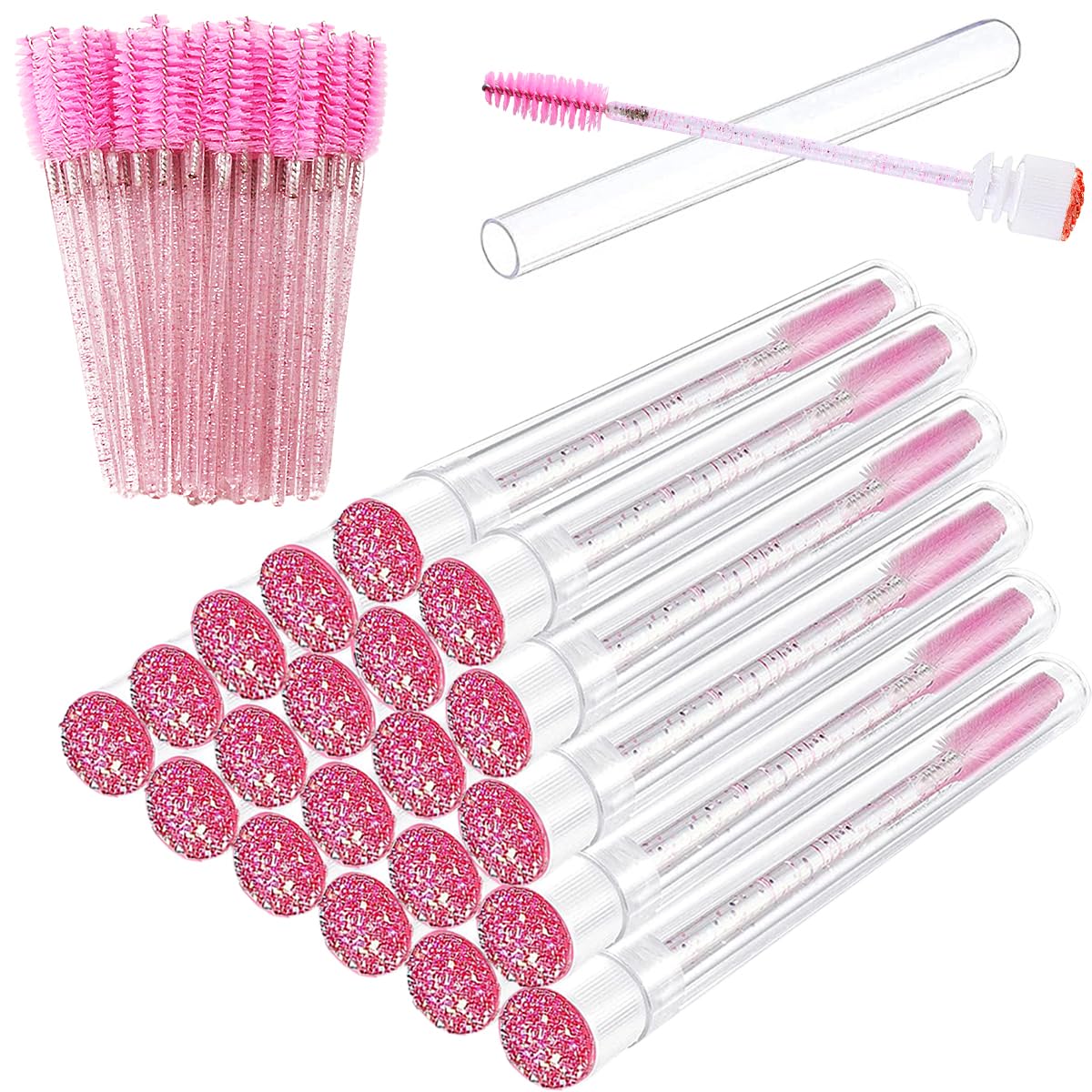 Mascara Wand Brushes Tubes Set-70 Pieces Disposable Eyelash Brushes Replacement with 20 Pieces Empty Container Tubes for Eyelash Extension Lash (Pink Diamond)