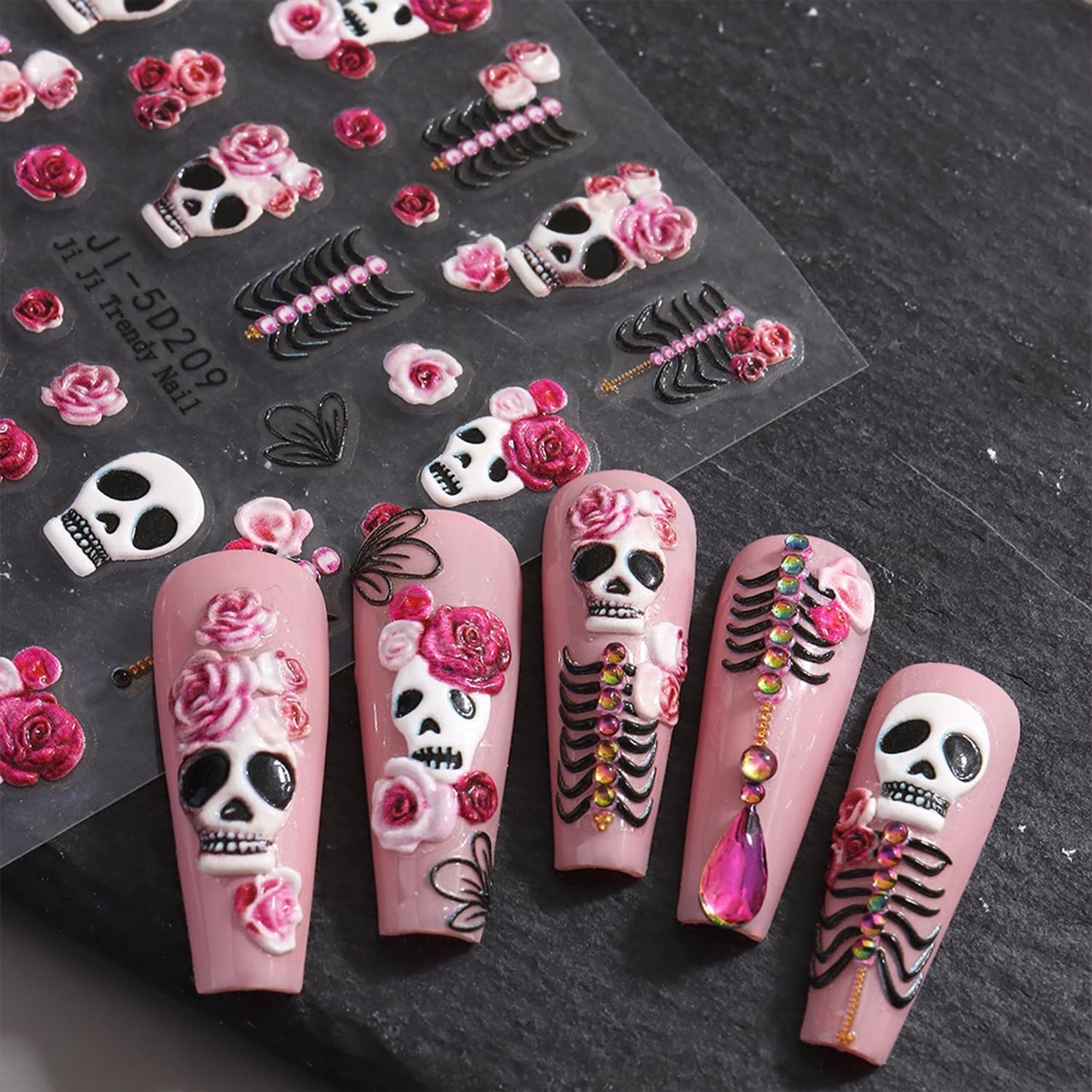 5D Embossed Halloween Nail Art Stickers Decals Cute Skull Flower Nail Sticker White Skeleton Nails Decal Self-Adhesive Nails Art Decal for Women Halloween Decor