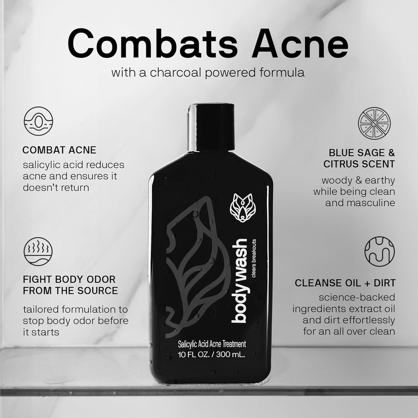 Black Wolf Salicylic Acid Body Wash for Men - 10 Fl Oz Men's Acne Body Wash - Charcoal Helps Reduce Acne Breakouts & Cleanse Your Skin - Full Coverage & Deep Clean Treatment - Men's Bodywash