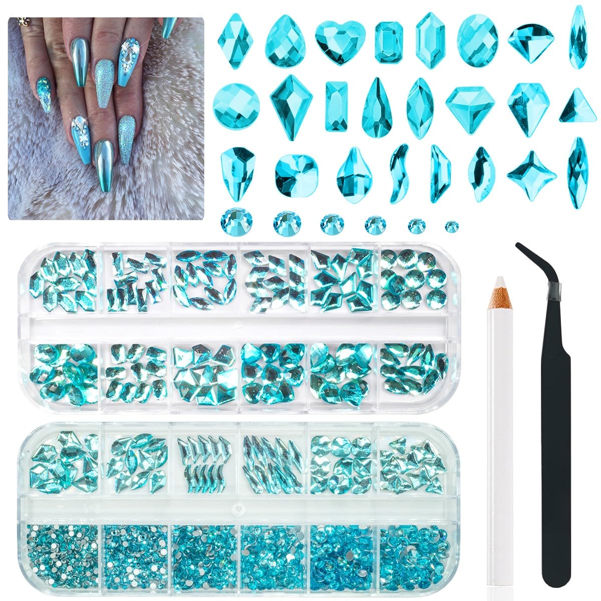 24 Styles Aquamarine Nail Rhinestones Lake Blue Stones Diamonds K9 Glass Flatback Water Blue Crystals Gems Jewels Nail Art Charms Supplies for Nails Face Eyes Makeup DIY Crafts Tumblers Clothes