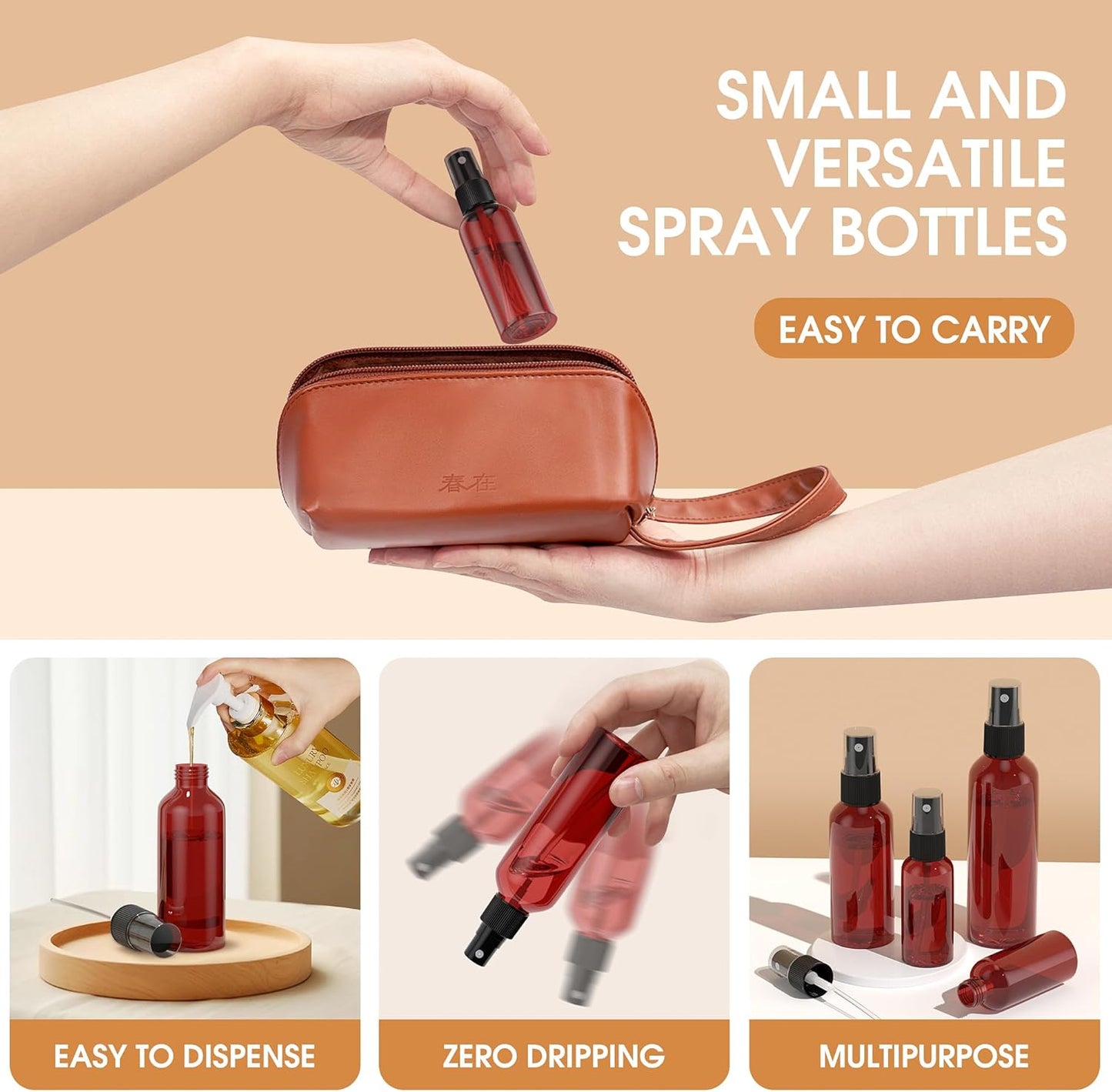 100Pack Small Spray Bottles 2oz, 60ml Travel Spray Bottle Bulk Black Fine Mist Sprayer, Empty Refillable Containers Portable Cosmetic Plastic Spray Bottles for Cleaning, Misting & Skin Care-Brown