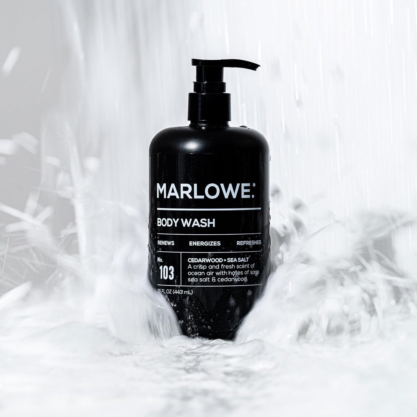 MARLOWE. No. 103 Body Wash 15 oz Pump, Cedarwood + Sea Salt, Energizing & Refreshing Shower Gel, Willow Bark & Green Tea Extracts, Cleanses, Moisturizes, Smooths & Nourishes, Fresh & Zesty Scent