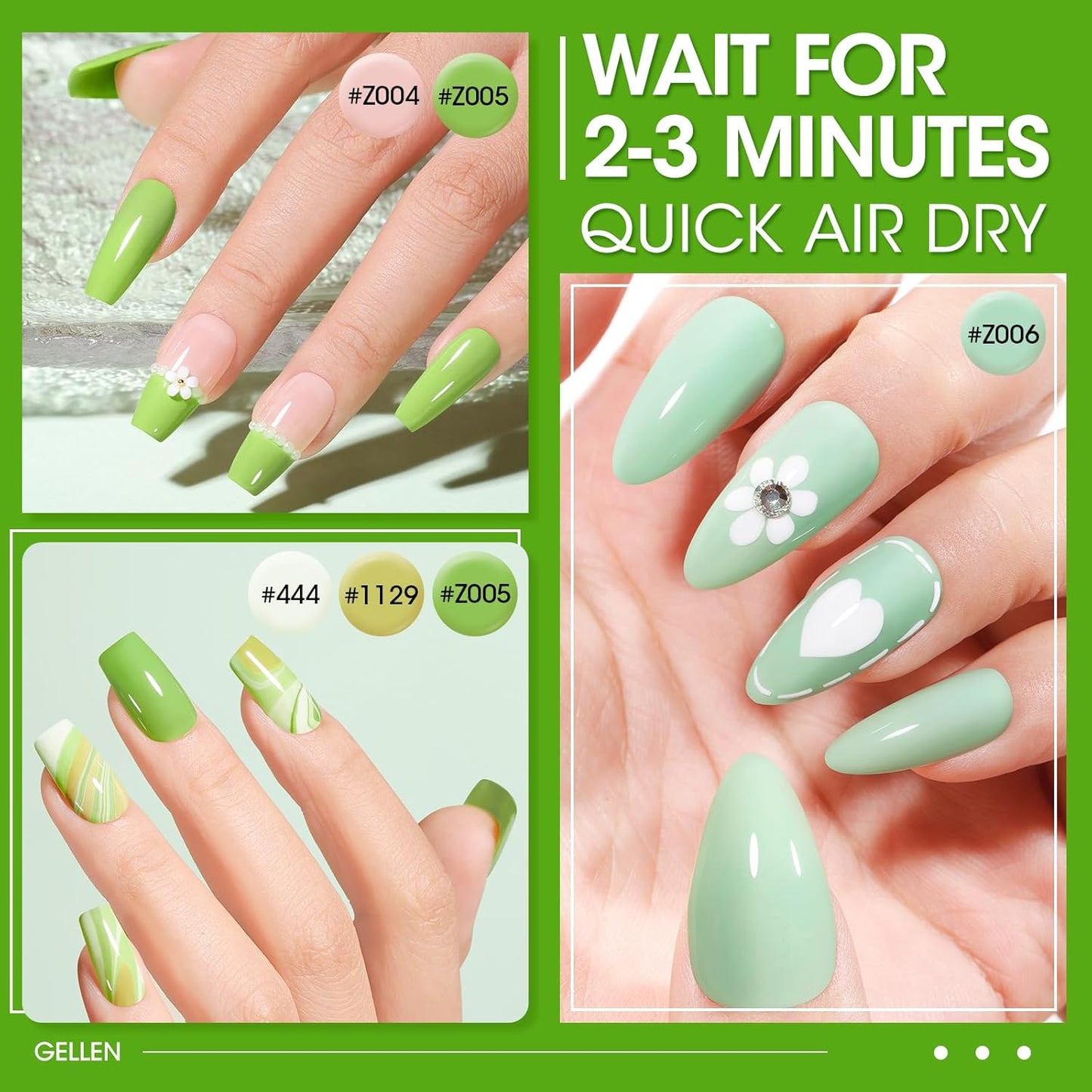 GELLEN Spring Summer Regular Nail Polish Non Gel, Fast Air Drying Traditional Nail Polish No UV Light Needed, Nude Green Set for Women Manicure Home Salon St. Patricks Day, Hema Free, 10ml