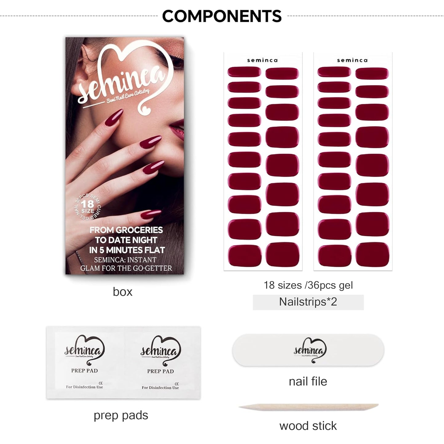 Semi Cured Gel Nail Strips-Glamorous Semi Gel Nail Stickers Natural Nude Shades Press On Nails Easy Home Application Works with Any UV/LED Lamps Glossy Finish(Rouge)