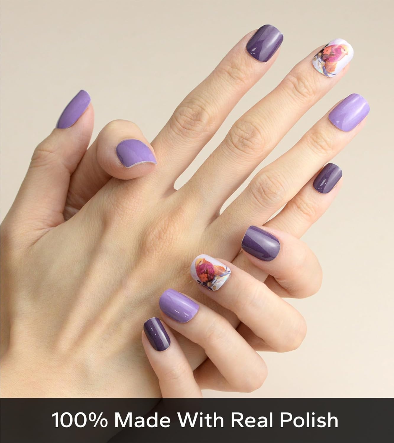 Nail Polish Strips, 20Pcs Salon Quality Gel Nail Stickers, Easy Long Lasting Wraps for Short Nails no UV Light Needed (Purple Bird & Flower)