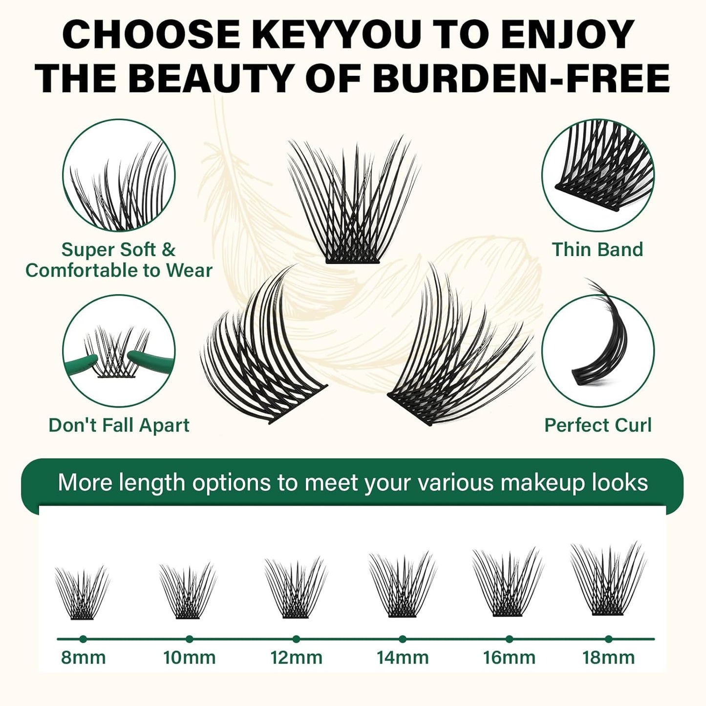 KEYYOU Lash Clusters 144pcs Individual D Curl 14mm Air Touch Cluster Lashes Super Lightweight Soft Wispy Comfortable Easy DIY at Home