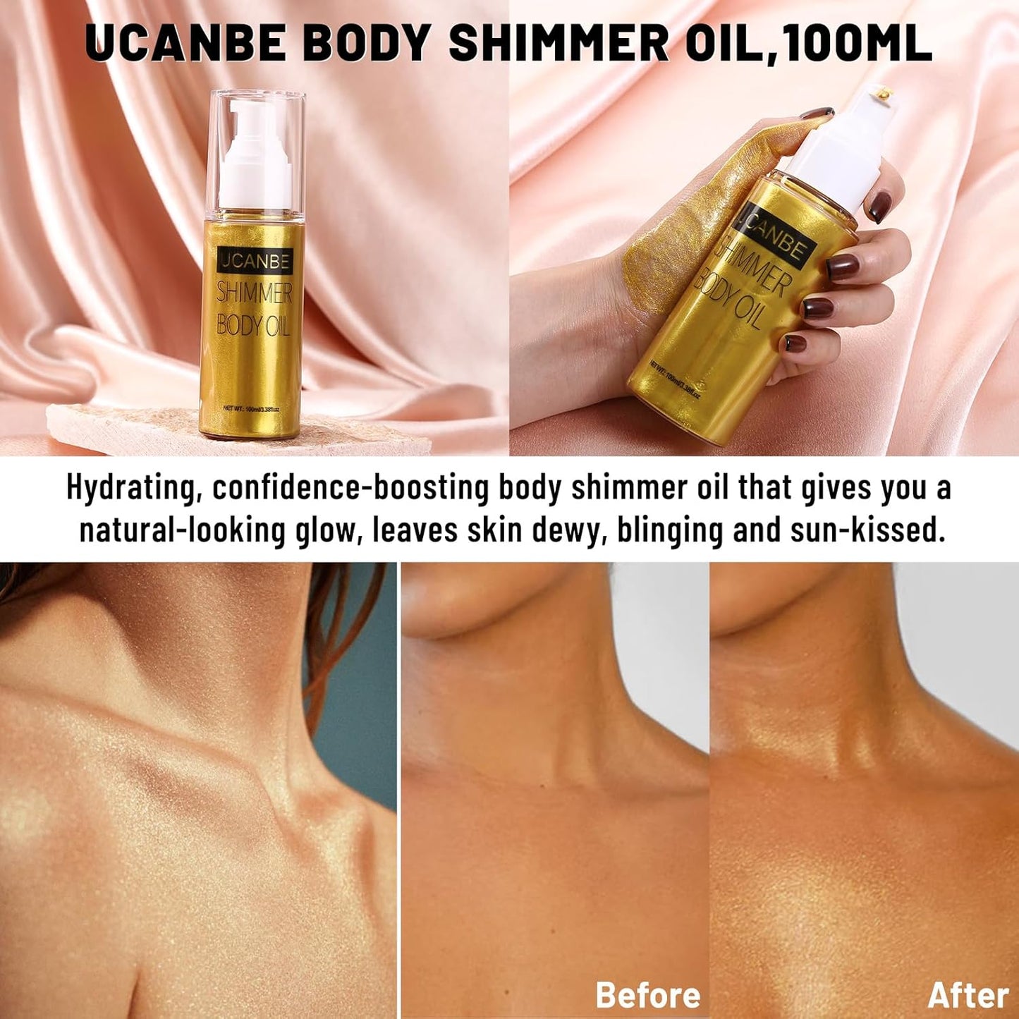 UCANBE Body Shimmer Oil - 100ml Moisturizing Face & Body Glow Glitter Luminizer Liquid Illuminator Highlighter, Waterproof, Tinted Glowing Bronzer (Gold)