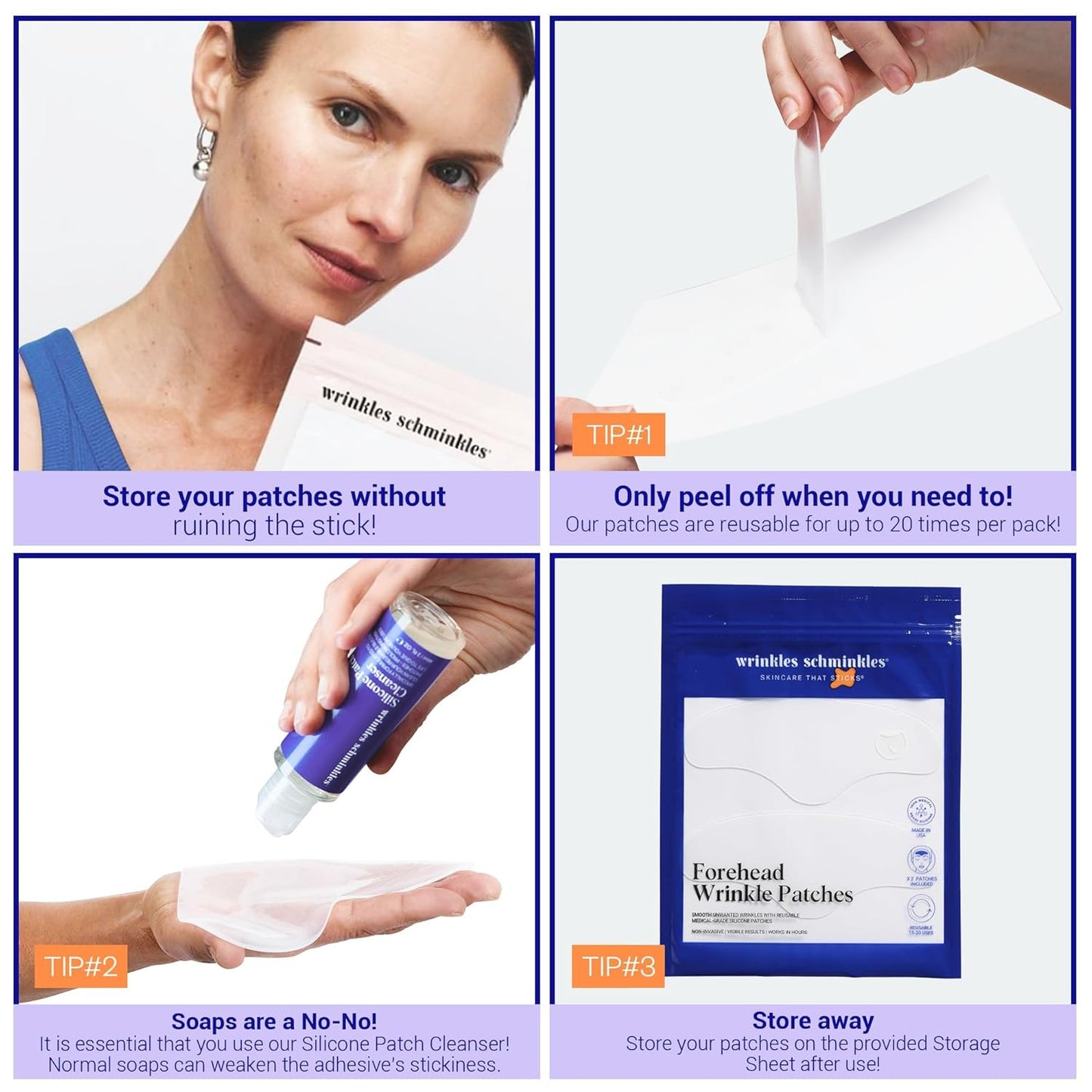 Wrinkles Schminkles Forehead Wrinkle Patches, 4-Pack, Reusable Hypoallergenic Silicone Smoothing Pads for Reducing Frown Lines & Face Lift Overnight