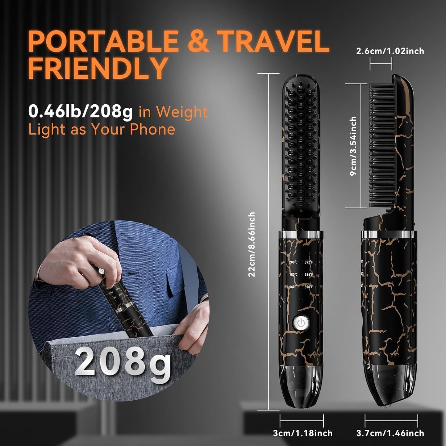 Beard Straightener for Men, Cordless Beard Heated Brush and Hair Straightener Hot Comb with 3 Temp Settings, Anti-Scald, Ionic Technology for Home Travel