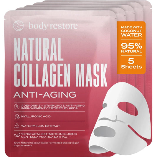 Body Restore Natural Collagen Face Mask 5 Pack – Korean Skin Care Mask with Fermented Coconut Water, Christmas Stocking Stuffers, White Elephant, Birthday Gifts for Women & Men, Dry Skin - Anti-Aging