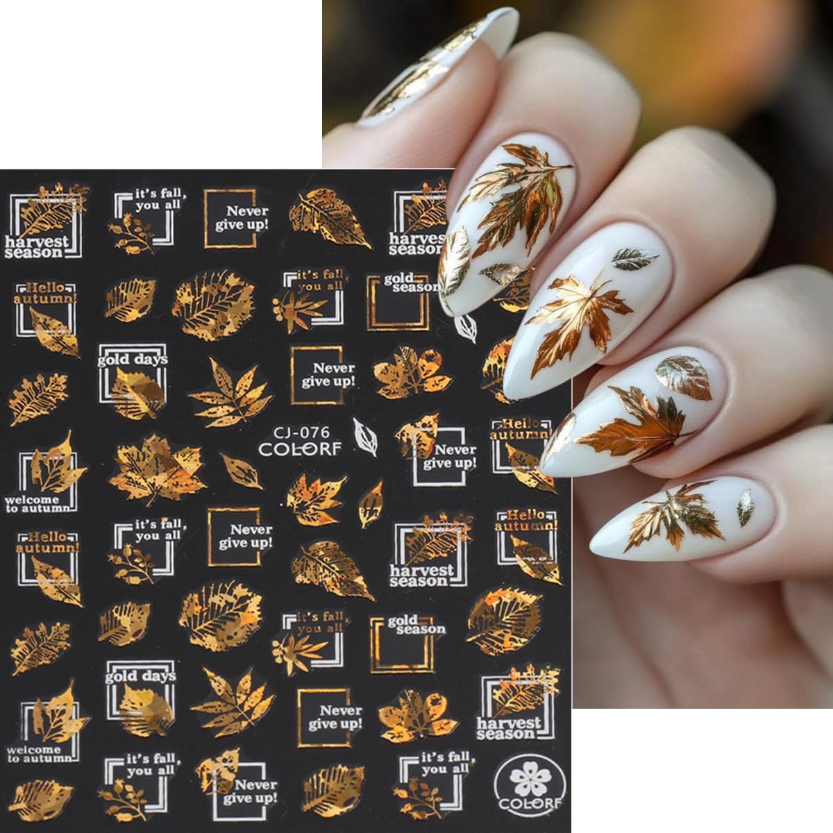 9 Sheets Bronzing Fall Nail Art Stickers 3D Self-Adhesive Metallic Maple Leaf Nail Stickers Thanksgiving Nail Art Supplies Laser White Gold Leaves Flower Nail Designs Autumn Sticker for Acrylic Nails