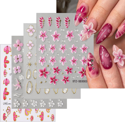 Stickers para Uñas Nail Stickers Self-Adhesive Sticker Gold Pink 3D Wild Flower Calcomanías para Uñas Gold Floral Art Design Accessories Hight Quality 4 Sheets