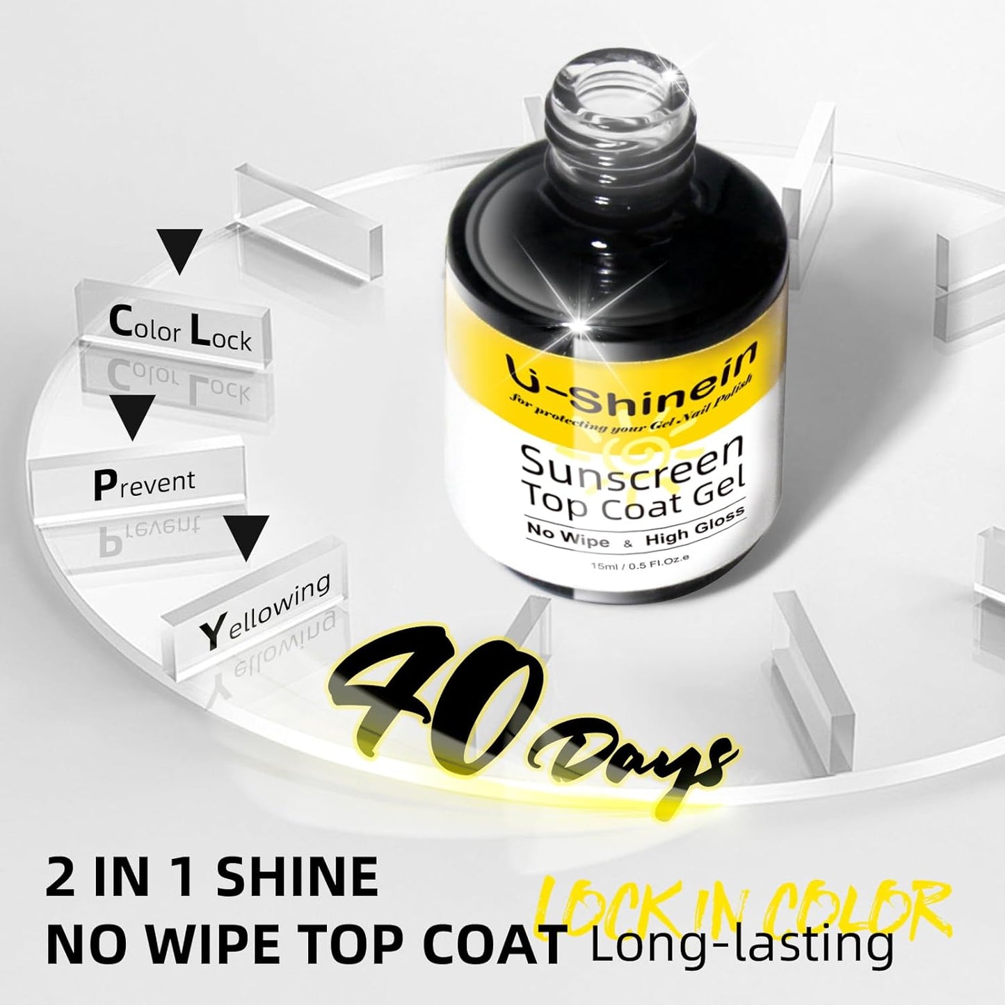 Shine UV Top Coat, 2 in 1 No Wipe Sunscreen Top Coat Gel, Glassy Clear Gel Keeps Nails From Yellowing or Staining, Requires UV Lamp