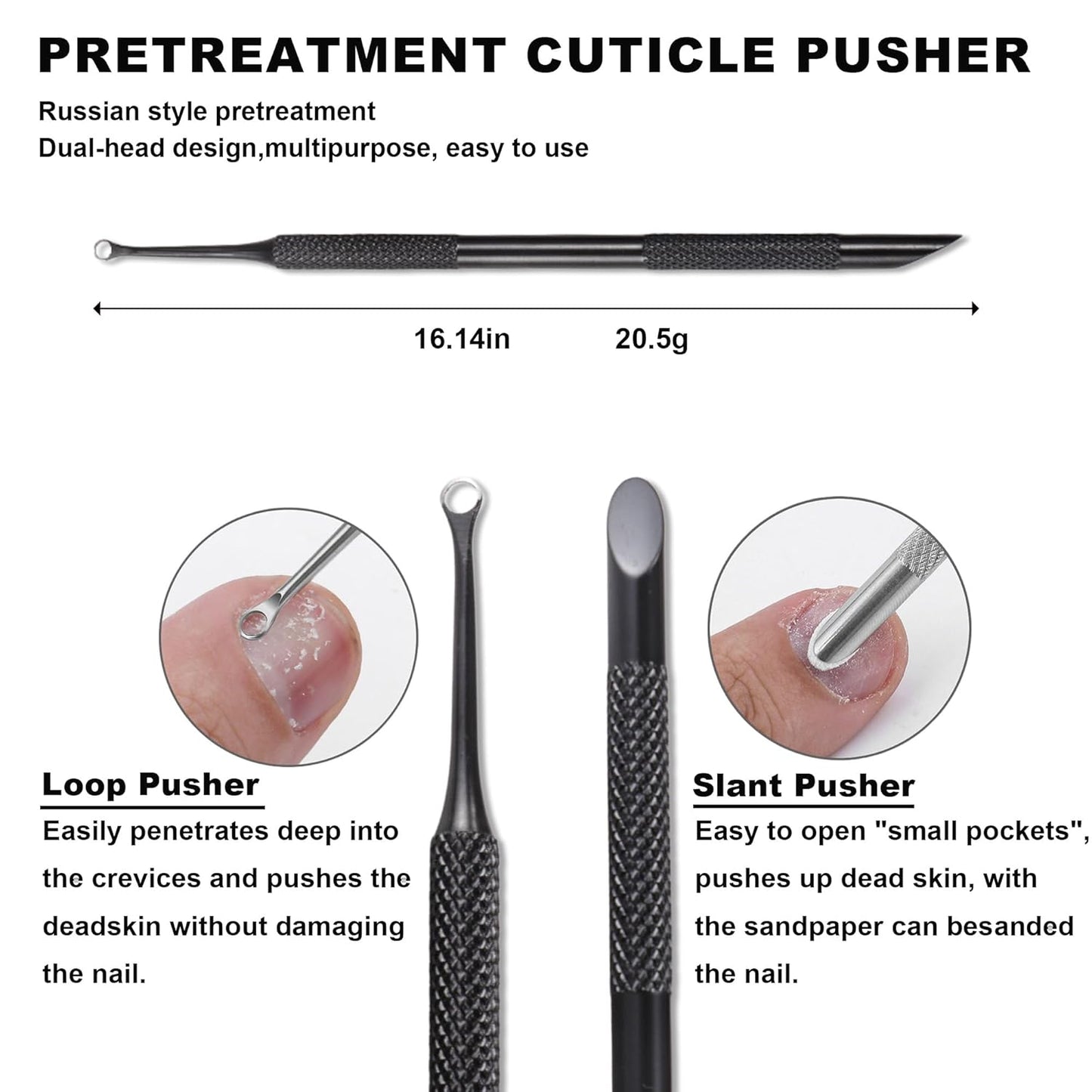 Cuticle Pusher Cuticle Nipper Set, Russian Pre-Treatment Nail Pushers, Cuticle Remover with 100/180 Grit Sandpaper, 7mm Full Jaw Cuticle Trimmer, Nail Care for Manicure Pedicure Nail Art