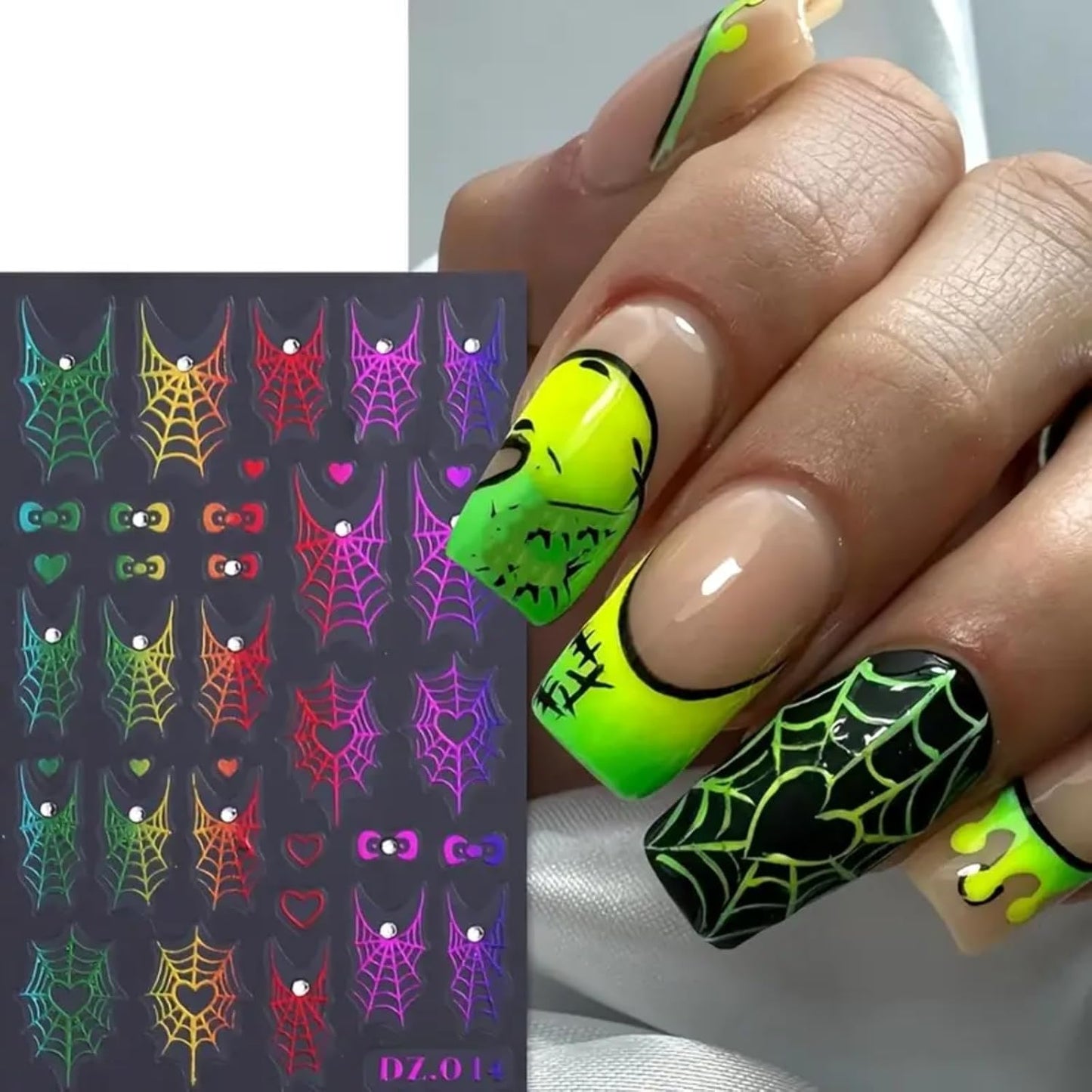 4PCS Halloween Nail Art Stickers Decals Colorful Spider Web Spider Nail Decals with Rhinestone Spider Web Spider Bow Heart Nail Art Design Cute Halloween Nail Supplies for Women Manicure Decorations