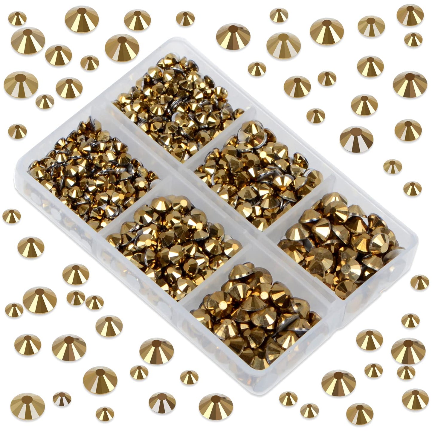 LPBeads 6000 Pieces Metallic Gold Non Hotfix Rhinestones 6 Sizes Round Crystal Glass Flat Back Rhinestones with Tweezers and Picking Pen for Nail Art Crafts Bags DIY