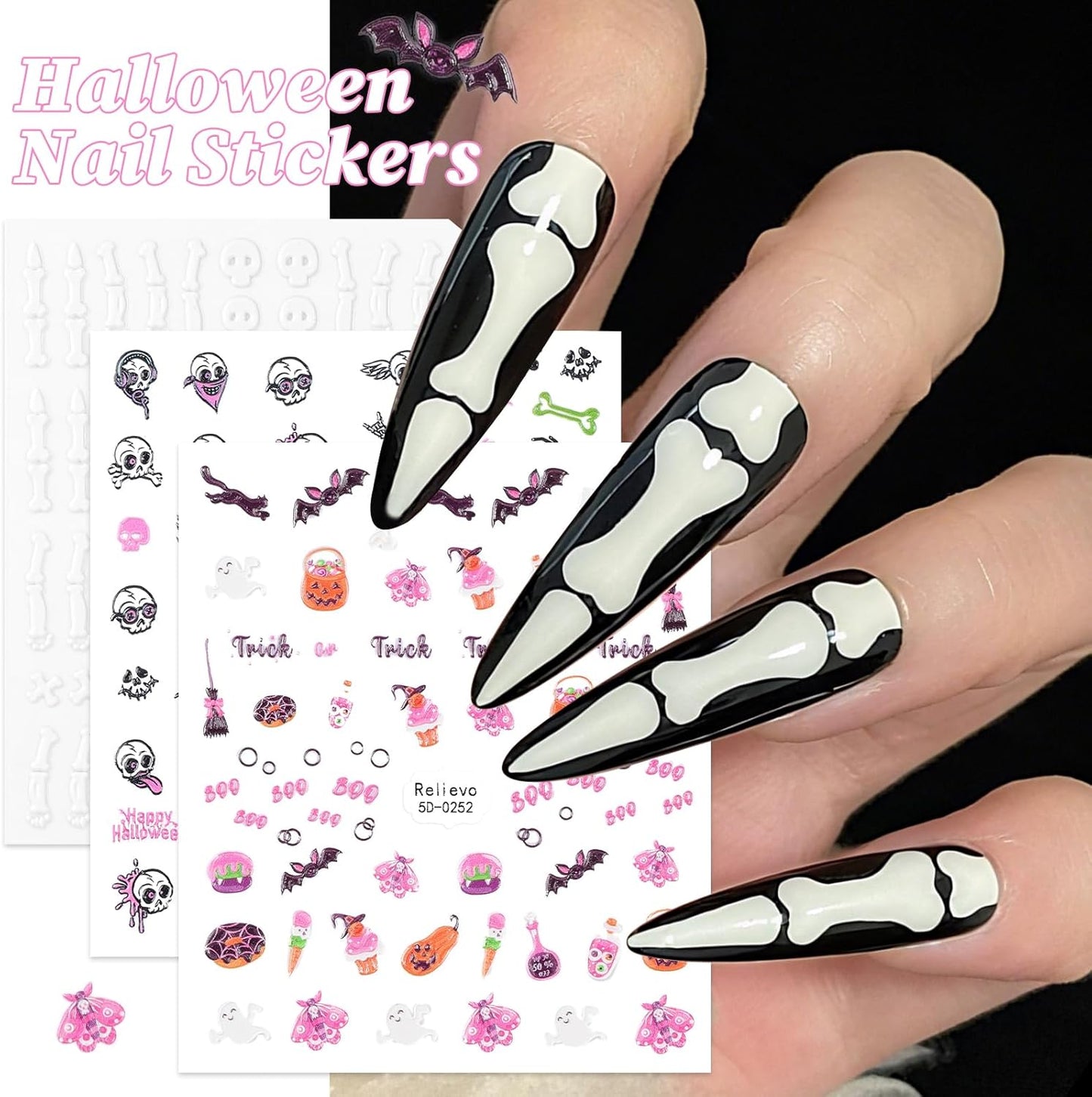 9 Sheets Halloween Nail Art Stickers 5D Embossed Nail Decals Ghost Pumpkin Bat Cat Skull Spider Web Gothic Nail Supplies for Women Girls DIY Nail Decorations