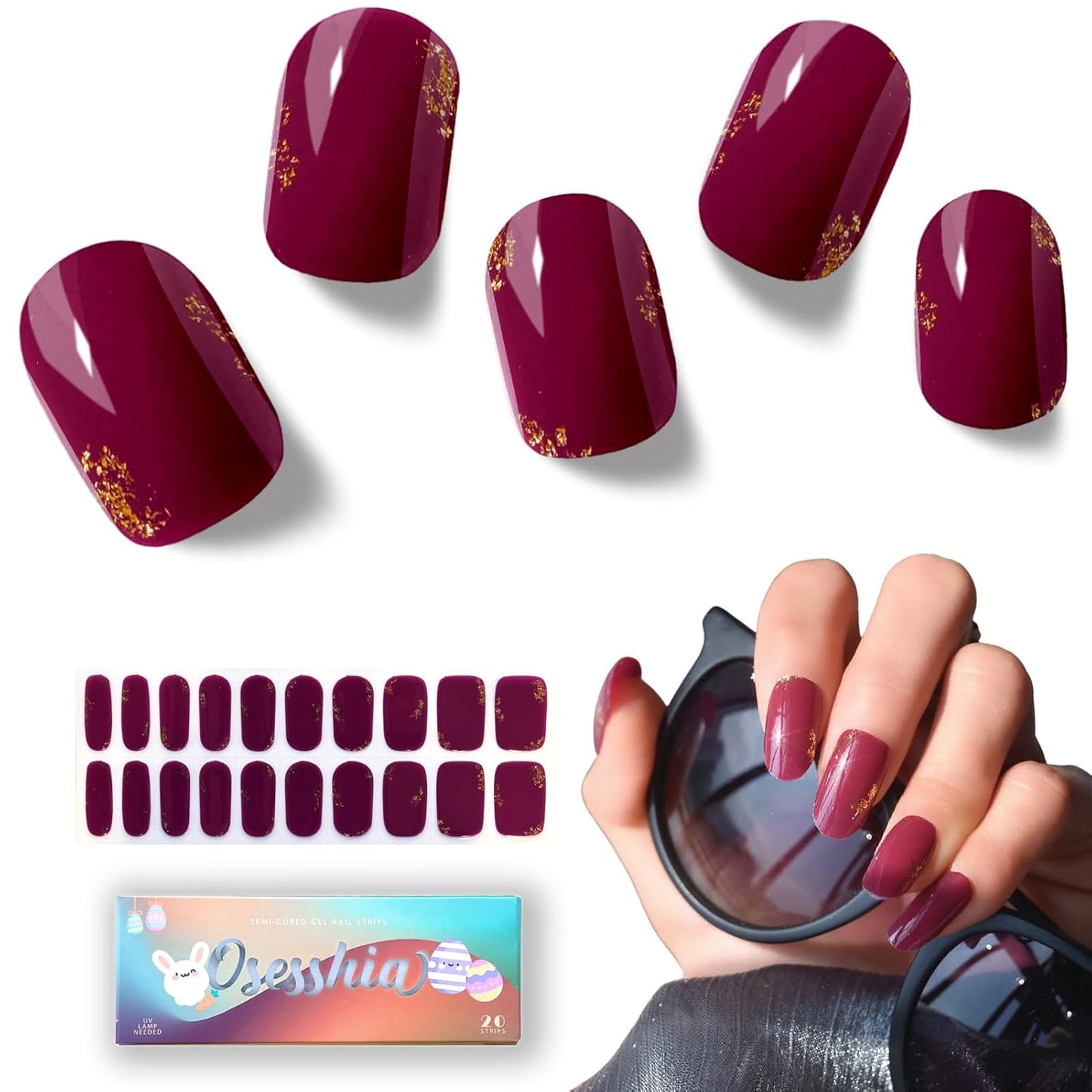 Semi Cured Gel Nail Strips, 20 pcs Nail Wraps, Glaze Stickers, Salon Quality French Manicure, Full Decal Gel Polish Strips, Long Lasting SCG, Easy on, UV Required (Scarlet Sparkle)