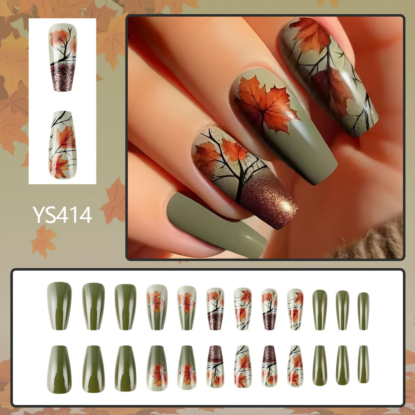 Vintage Thanksgiving Press on Nails Fall Maple Leaf Long Coffin Nails Autumn Maple Leaves Fake Nail Glossy Acrylic Glue on Nail for Women DIY Manicure