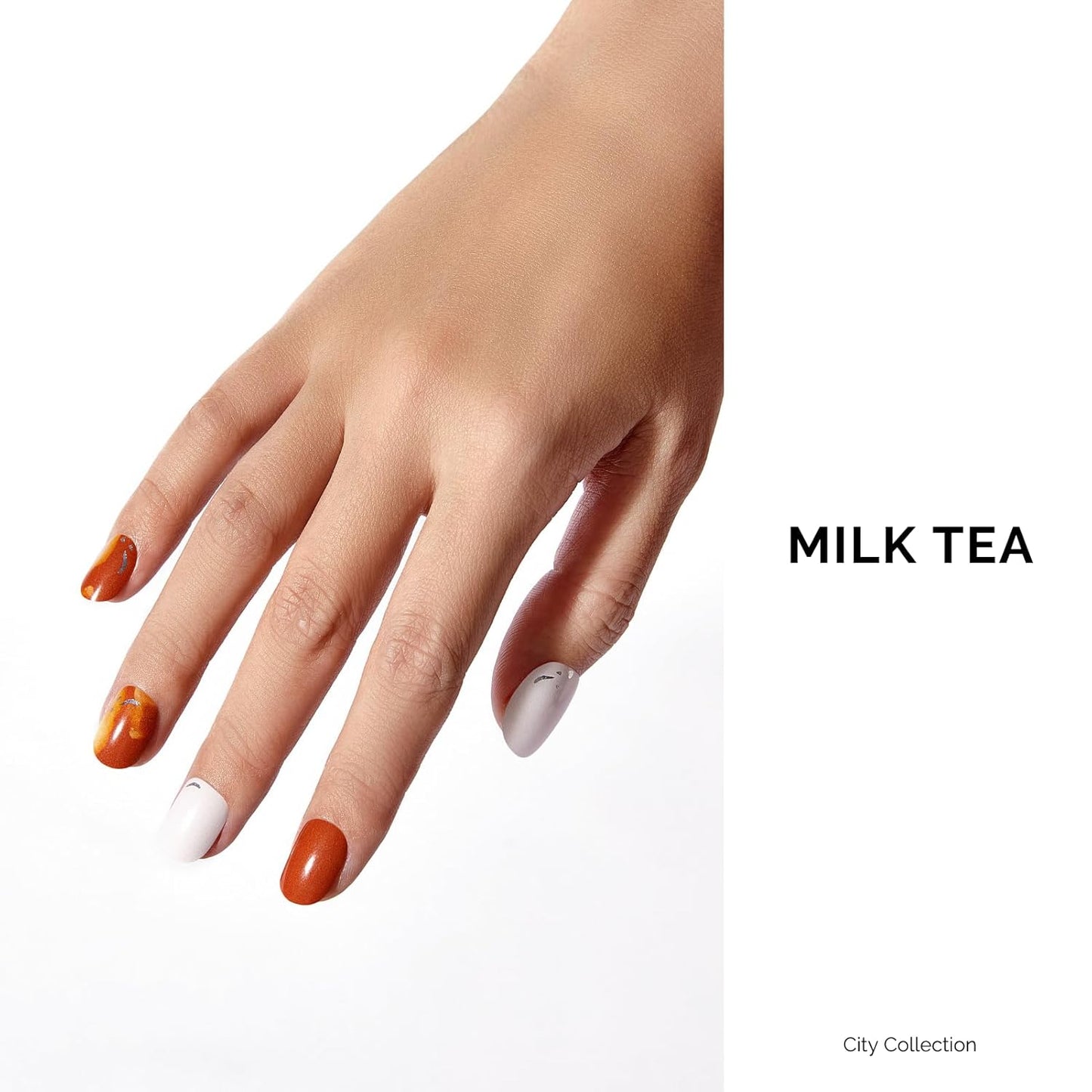 NAILOG Semi Cured Gel Strips - 34 Pcs Nail Stickers Buy 2 Get 1 UV Light | Long Lasting Wraps With Glossy Gel Finish Reddish Brown, Milk Tea