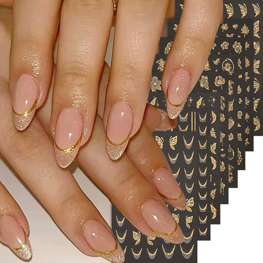 8 Sheets Fall Maple Leaf Nail Art Stickers Decals Gold French Tip Nails Stickers Butterfly Nails Decal Self-Adhesive Flower Nail Art Decal for Women Manicure Decor