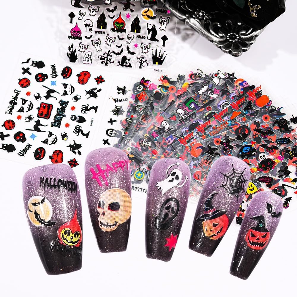 24 Sheets Halloween Nail Stickers 3D Self Adhesive Halloween Nail Decals Ghost Pumpkin Nail Art Stickers Spider Web Bat Nail Design Halloween Nail Art Supplies for Acrylic Nails Decorations for Women