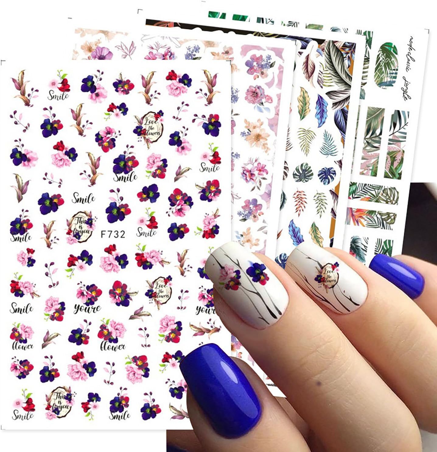 Flower Nail Art Stickers Decals 8 Sheets 3D Flowers Self Adhesive Nail Design Stickers Summer Green Blue Purple Floral Leaf Nail Decals for Women Girls DIY Flowers Nail Decoration Charms