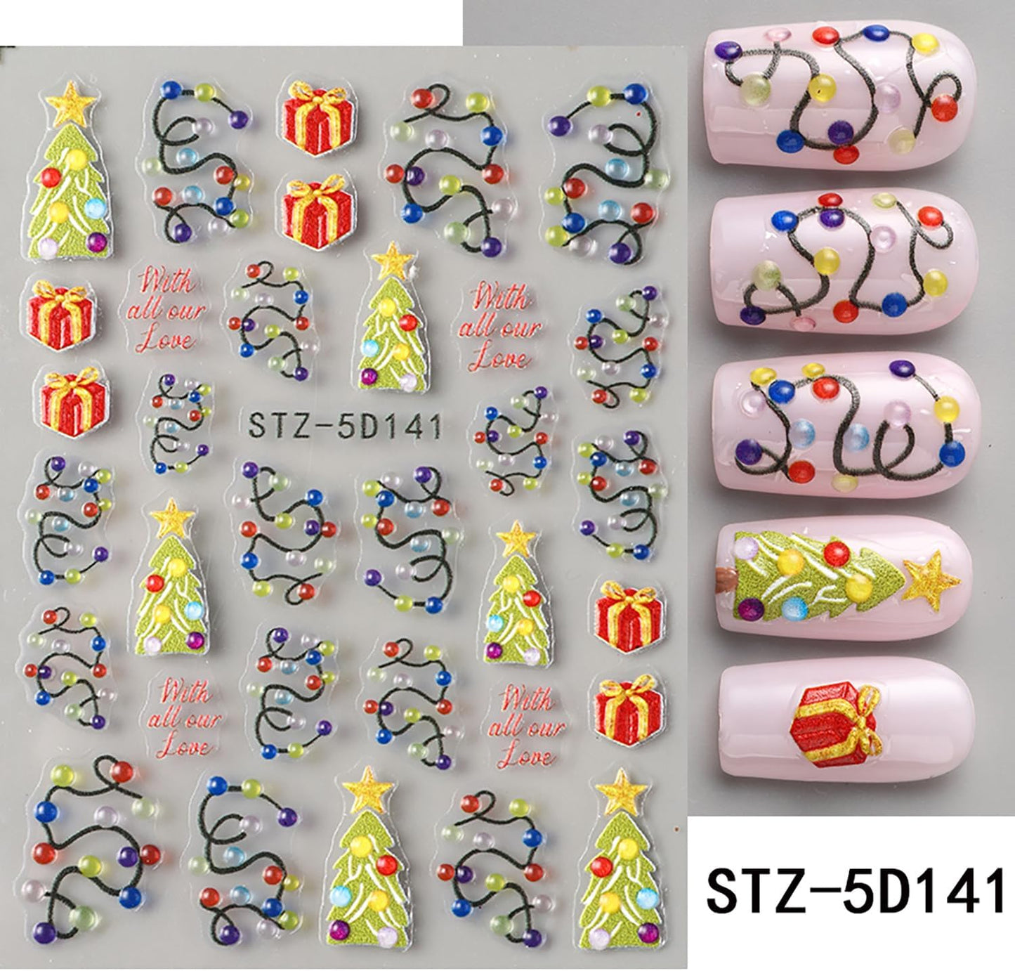 Christmas Nail Art Stickers 5D Self -Adhesive Relief Three-Dimensional Light String Nail Decals Holographic Christmas Tree Gift Nail Stickers Festival Nail Decoration for Women Manicure Supplies