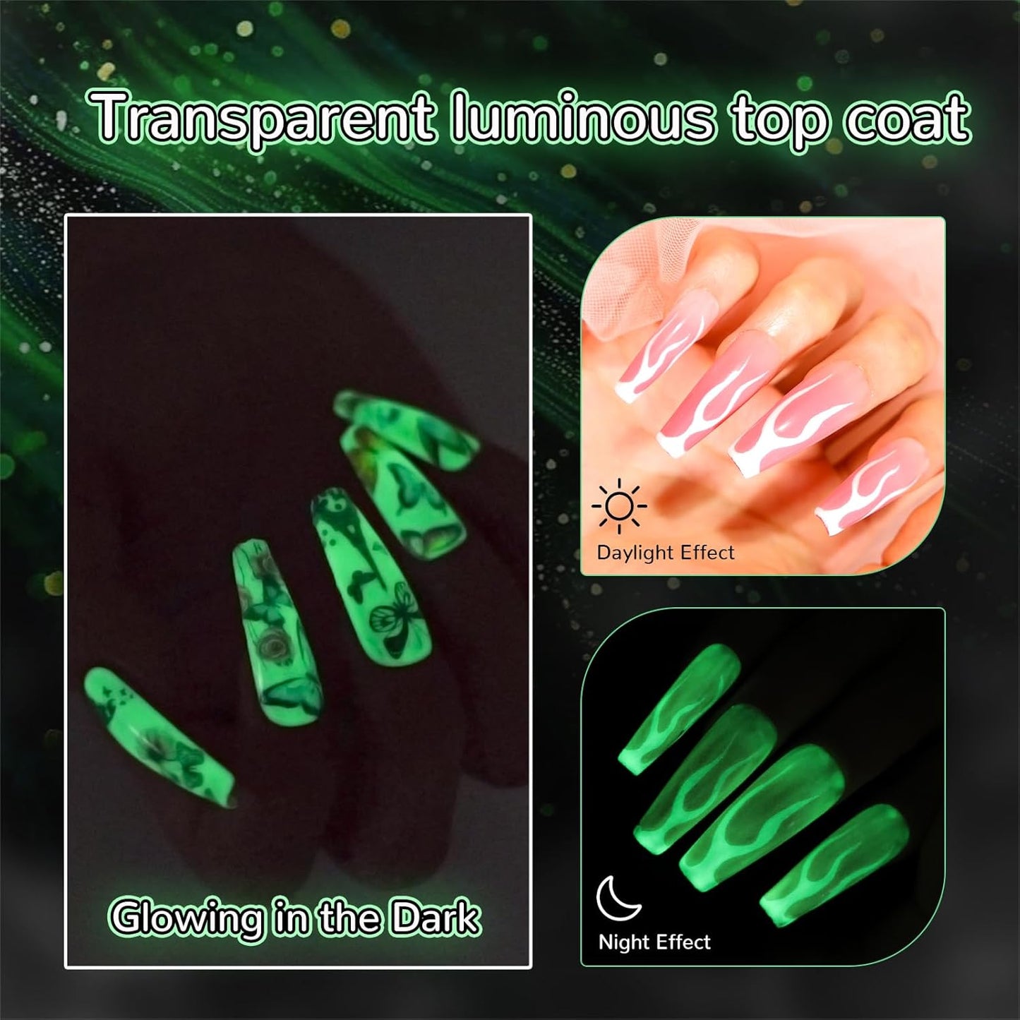 Hema Free Glow In The Dark Gel, Glow Nail Gel Top Coat, Long-lasting Luminous Nail Gel Top Coat for Nail Art, Transparent UV LED Needed Perfect with Any Colors Salon Pro DIY Home