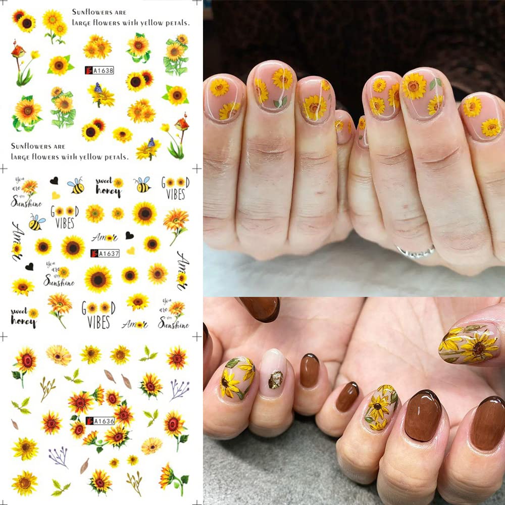 Sunflower Nail Stickers Decals Spring Summer Nail Art Water Transfer Floral Butterfly Honeybee Yellow Flower Supplies Cute Accessories for Women Girls 12Pcs