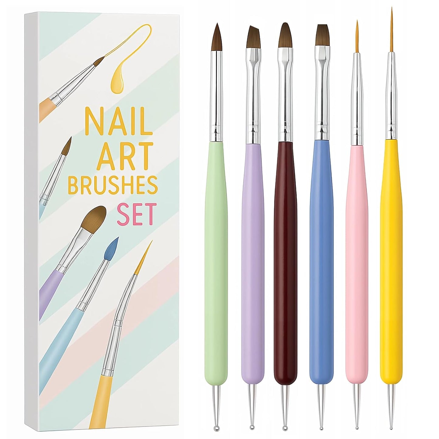 Gel Polish Nail Art Brushes, 6 Pcs Dual-Ended Art Design Pens with Case for Gel & Acrylic - Clean Up, Dotting, Liner, French Tip Tools for Nail Design, Extension & Manicure, DIY Kit Gift for Women