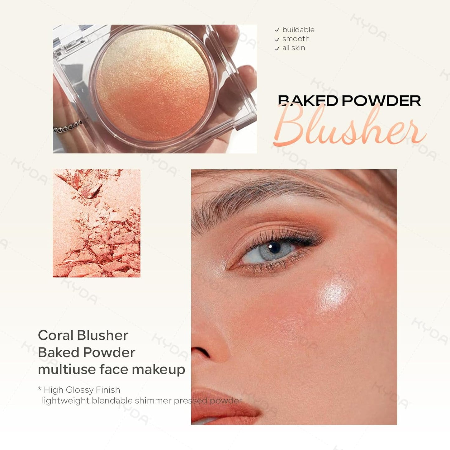KYDA Baked Blush, Coral Glow Powder for Blush and Highlighter, High Glossy Finish, Lightweight Blendable Shimmer Blusher, Multiuse Baked Powder, 0.53 oz