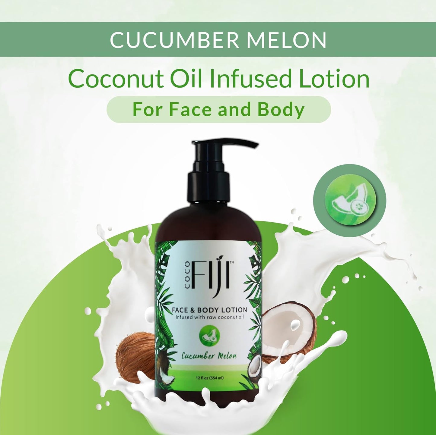 Coco Fiji Face & Body Lotion Infused With Coconut Oil | Lotion for Dry Skin | Moisturizer Face Cream & Massage Lotion for Women & Men | Cucumber Melon 12 oz, Pack of 1