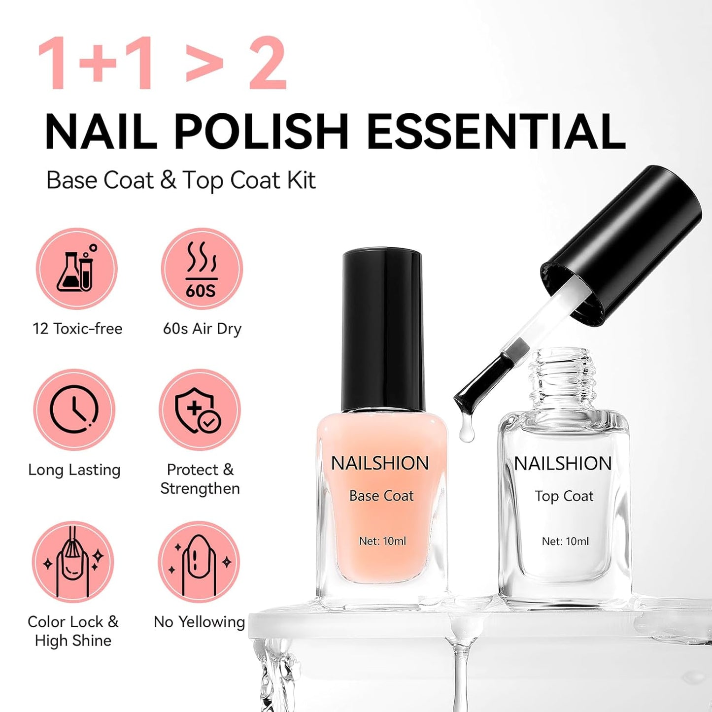 Base Top Coat, Nude Peach Ridge Filler Base Coat Clear Nail Polish, Enriched VE Calcium Strengthening, Quick Dry Non-Gel, No U V Light Needed, Long-lasting Nails Gift for Women