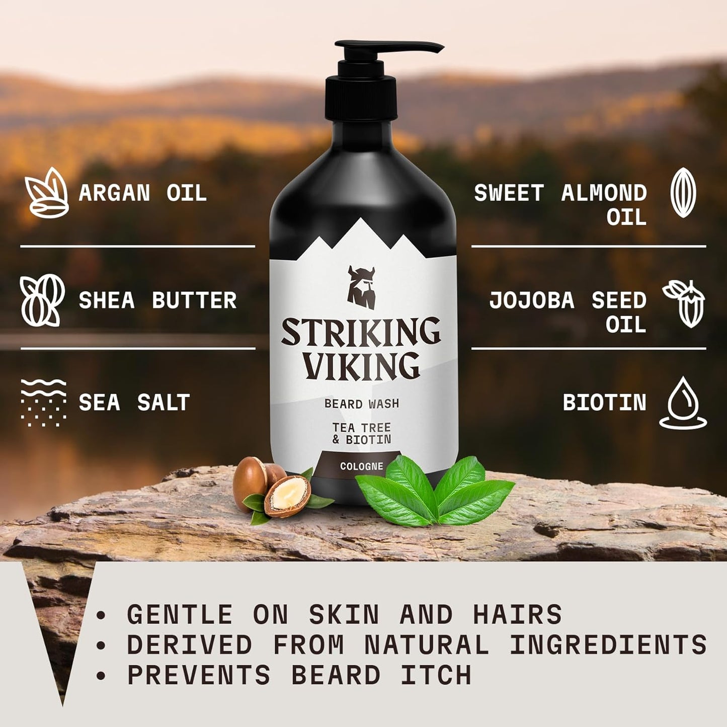Striking Viking Beard Wash - 17 oz, Natural Tea Tree & Biotin - Cologne Scent Beard Shampoo Paraben & Sulfate Free For Men - Deep Cleansing and Care
