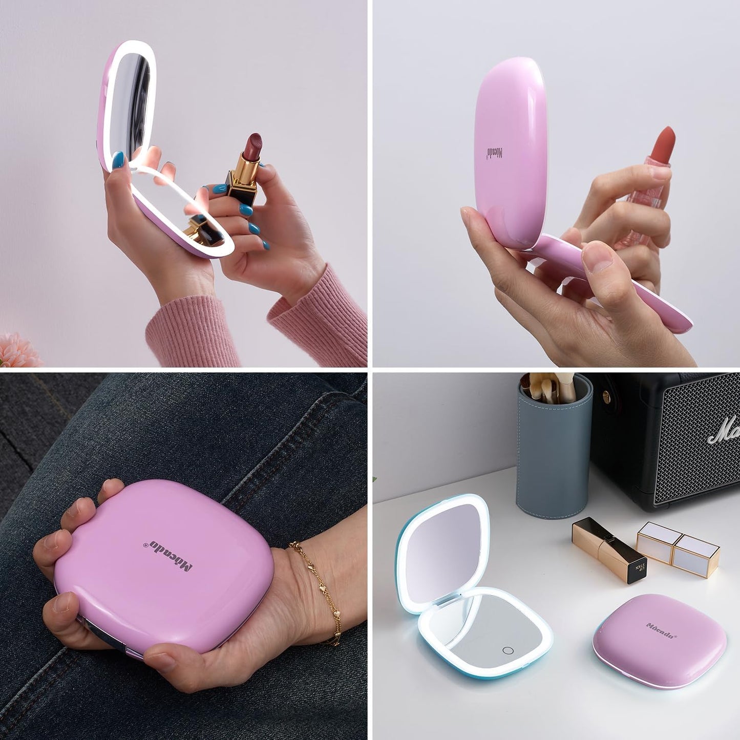 Mocado Compact LED Travel Makeup Mirror - 4 Inches 1X/10X Magnification Travel Mirror with Light Dimmable Double Sides Lighted USB Rechargeable Compact Mirror for Purse,Pocket,Travel(Purple)