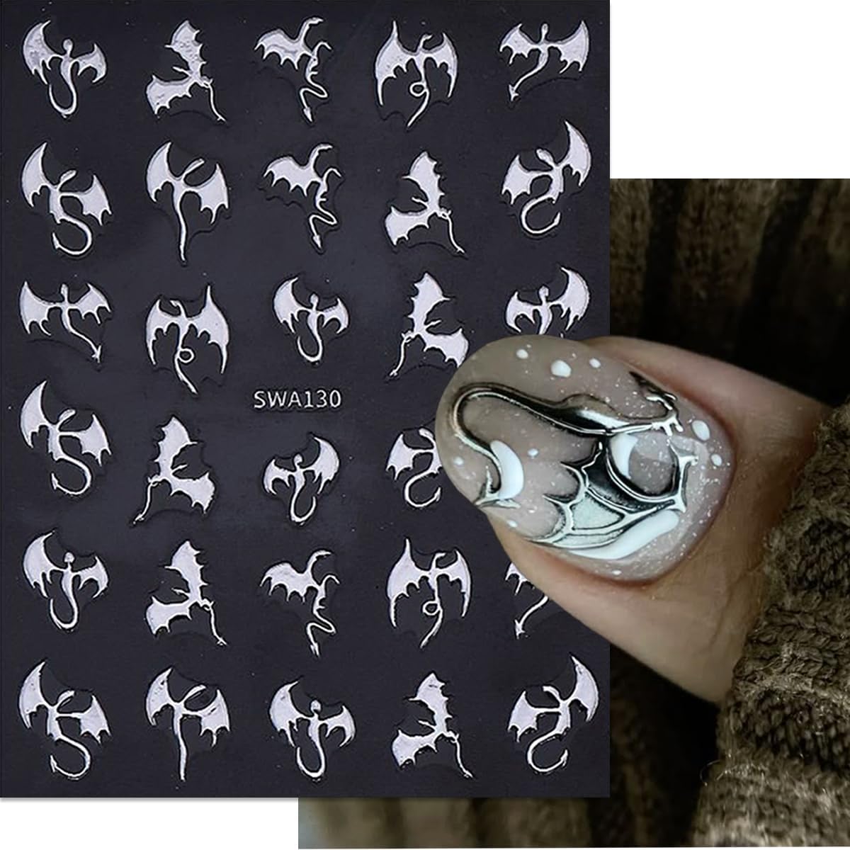 6Sheets Bat Nail Stickers Halloween Nail Decals Dragon Nail Art Stickers Gold Silver Laser Bronzing Design Cute Sticker Nail for Nail Art for Women DIY Manicure Decor Supplies