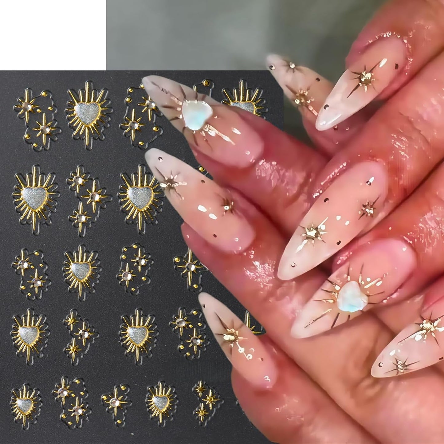 3 Sheets Star Nail Stickers for Nail Art 5D Embossed Gold Nail Decals with Heart Rhinestones Star Design Manicure Supplies Aurora Heart Metallic Star Nail Art Stickers for Women DIY Decor Accessories
