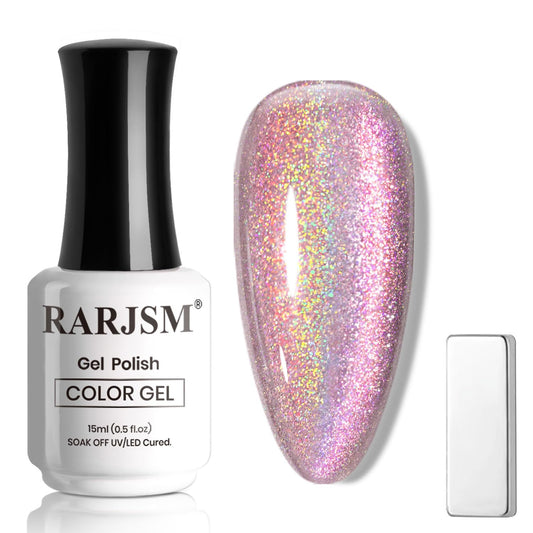 RARJSM Aurora Holographic Cat Eye Gel Nail Polish Purple Pink Laser Rainbow Iridescent Glitter Sparkle Cat Eye Gel Polish with Magnet Stick Soak off UV LED Curing Requires Home Salon Diy Nail Art