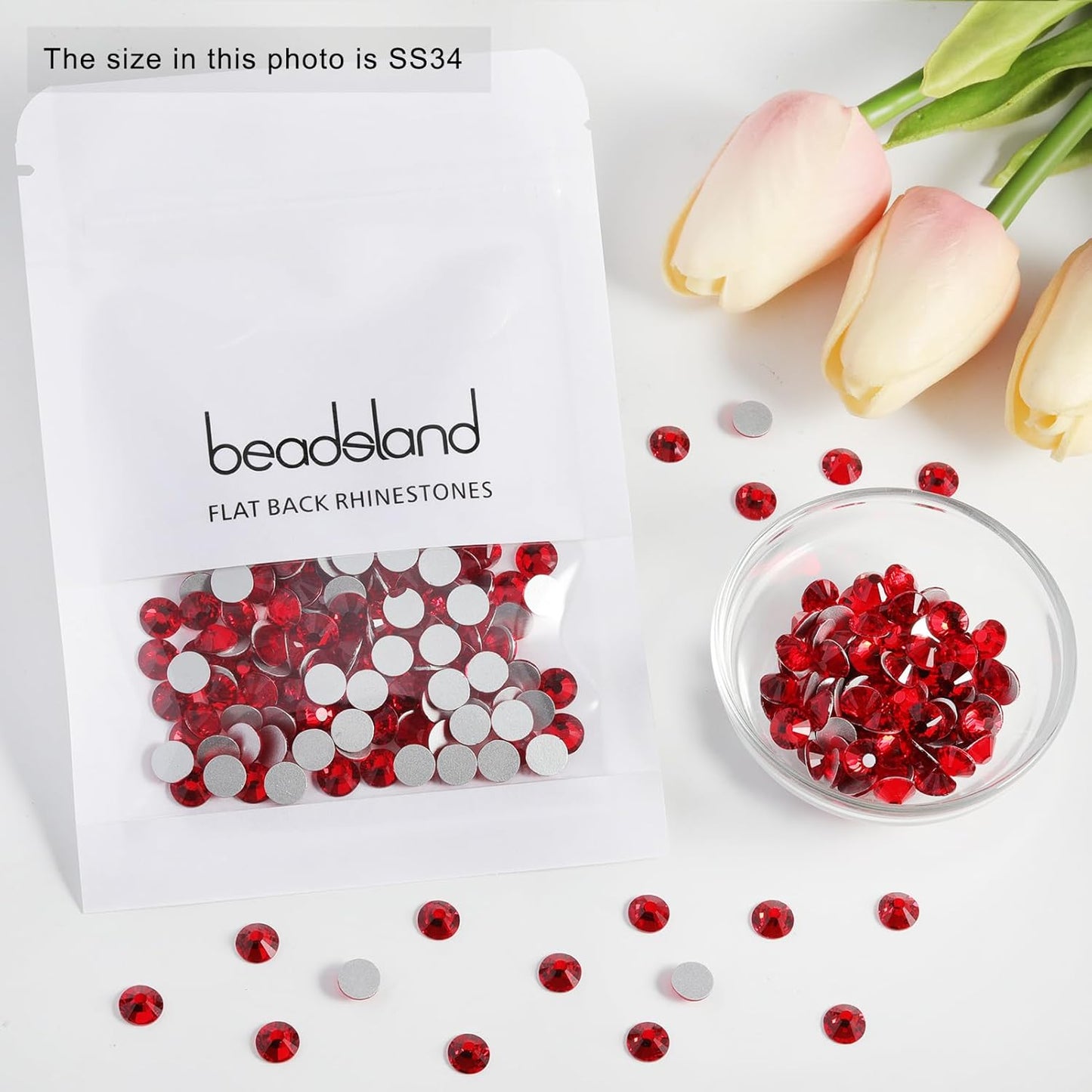 Beadsland 288pcs Flat Back Crystal Rhinestones Round Gems for Nail Art and Craft Glue Fix, Siam, SS34,7.1-7.3mm