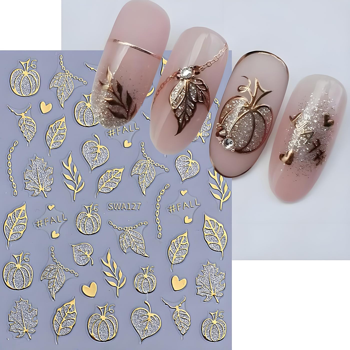 Halloween Nail Art Stickers, Glitter Pumpkin Ghost Nail Art Decals 3D Self-Adhesive Whit Gold Heart Spider Web Bat Black Leaf Nail Design 8Pcs Halloween Nail Art Supplies for Women Nail Decoration
