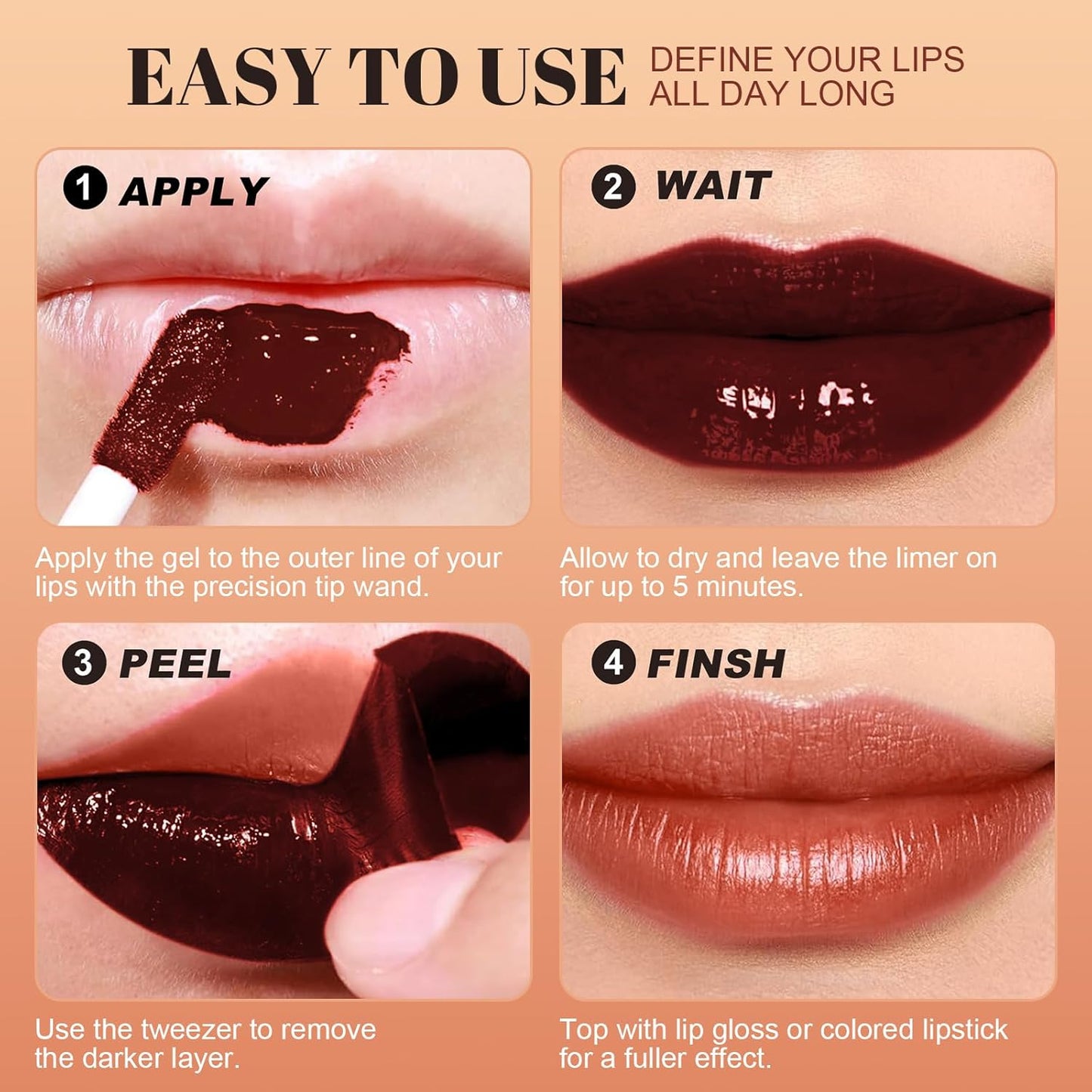 Lip Stain - Long Wear Tattoo Lip Liner, Waterproof & Transfer-proof Peel Off Lip Stain with Matte Finish, Lip Tint For All Skin Types, Great Gifts for Women (Coral)