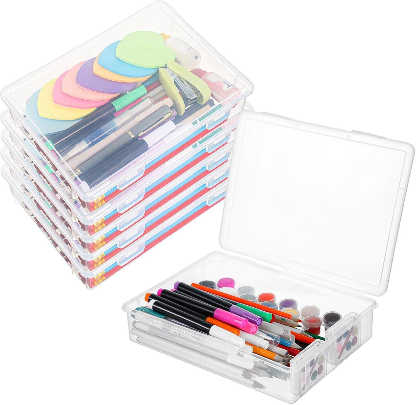 6 Pcs 7'' x 9'' x 2'' Plastic Storage Box with Lid Multipurpose Craft Organizers Plastic Containers Clear Pencil Case Art Satchel Storage Case for Beads Ornaments Crafts Accessories