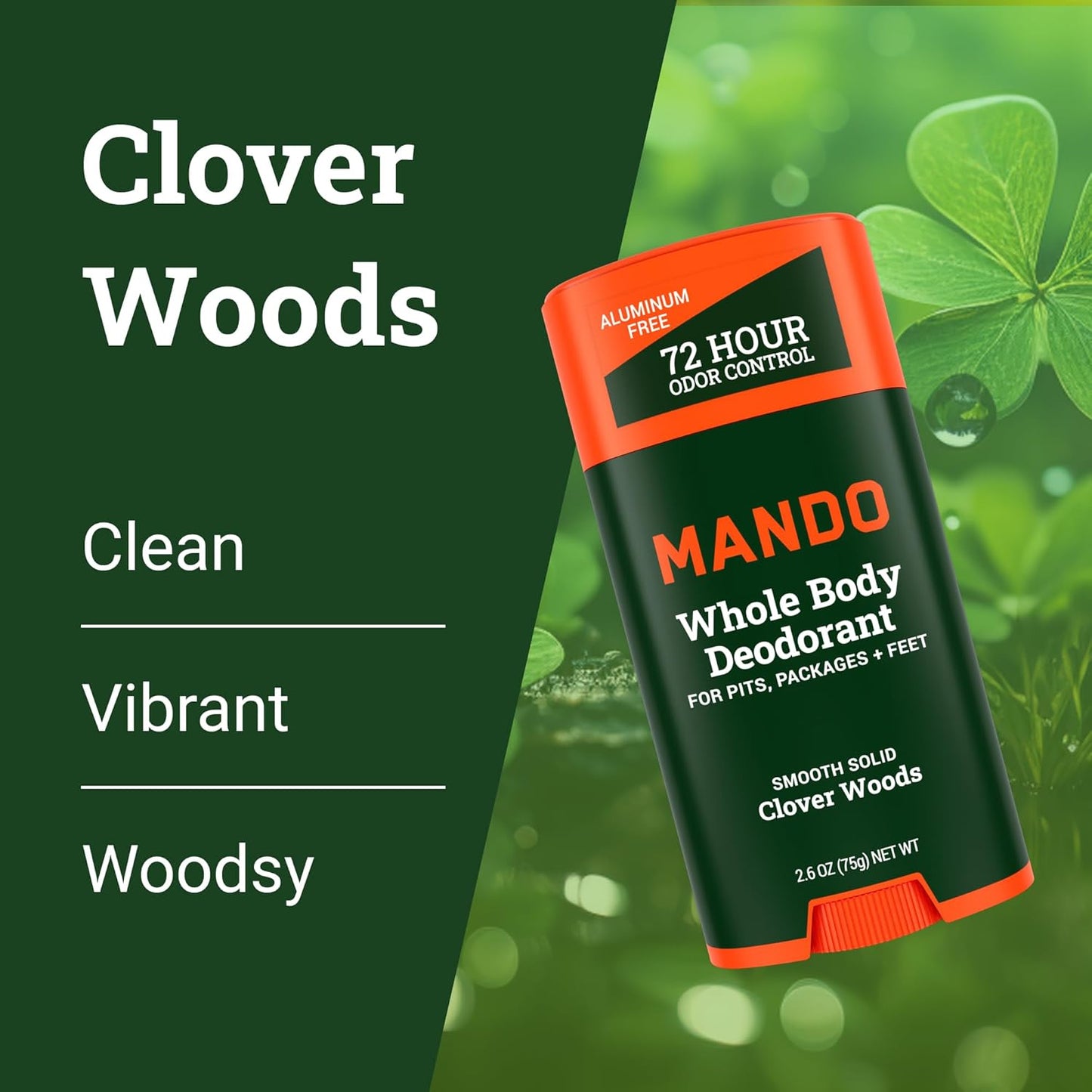 Mando Whole Body Deodorant For Men - Smooth Solid Stick - 72 Hour Odor Control - Aluminum Free, Baking Soda Free, Skin Safe - 2.6 Ounce (Pack of 2) - Clover Woods
