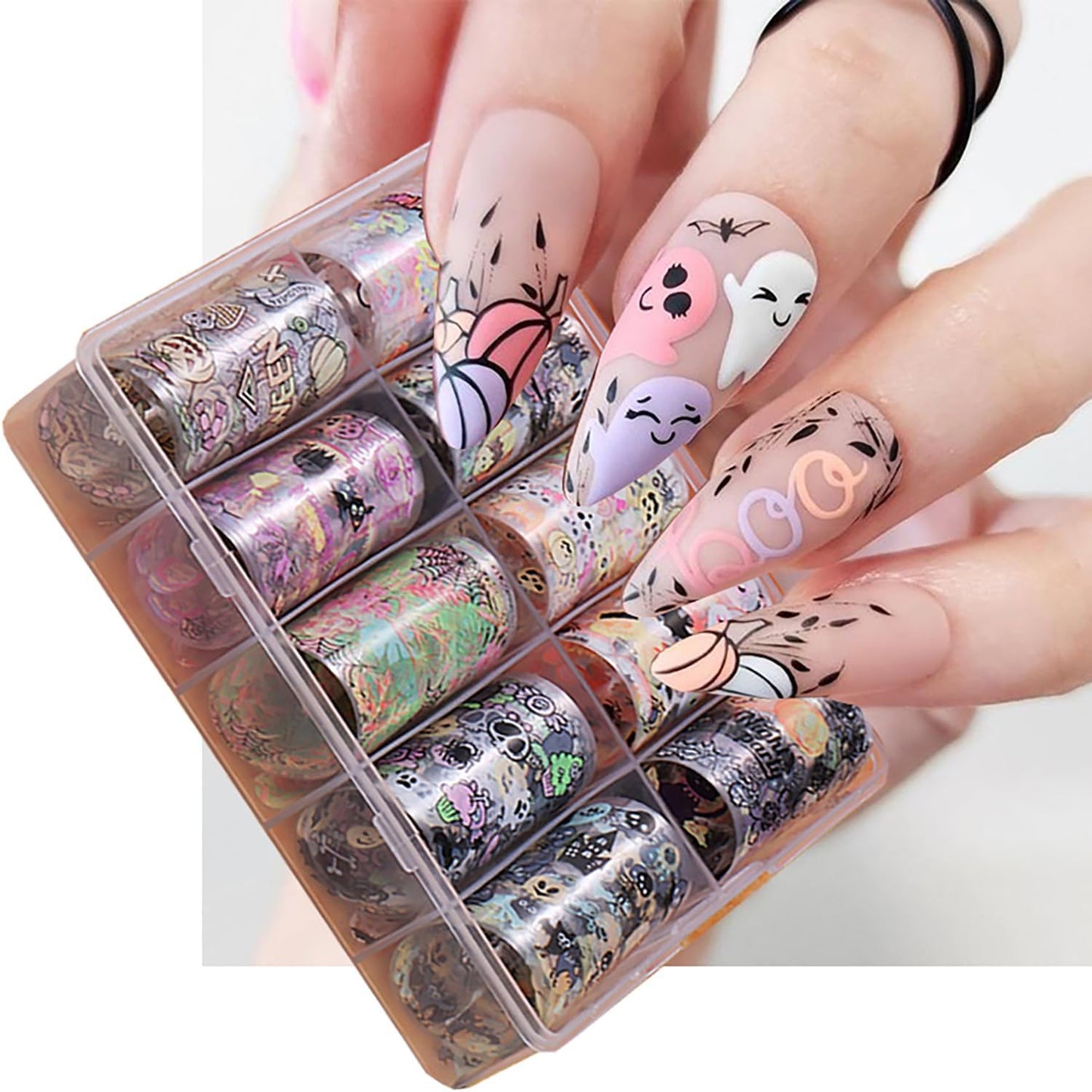 Halloween Nail Foils Transfers - Ghost Pumpkin Skull Bat Spider Web Black Cat Design, Gold & Holographic Foil Stickers for Nail Art, Manicure Decals for DIY Acrylic Nails, 10 Sheets