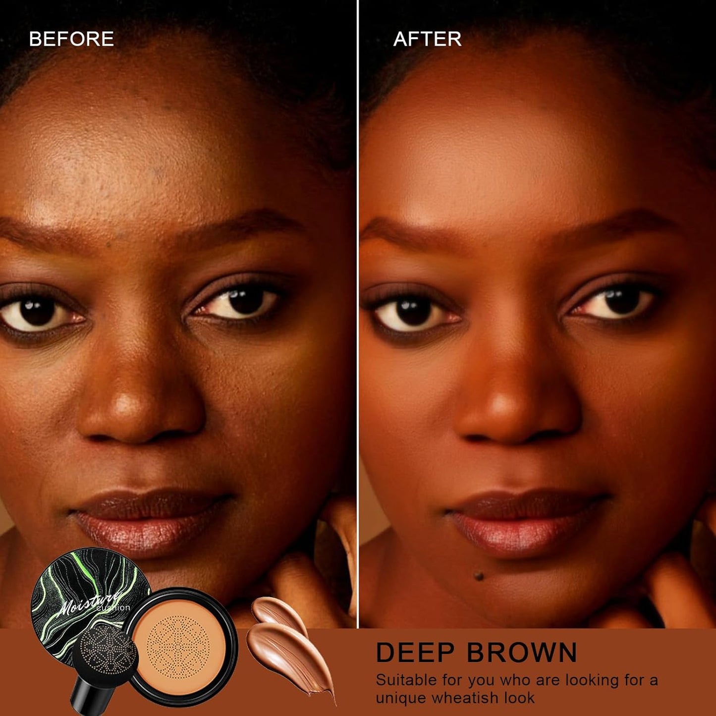 Mushroom Head Air Cushion CC Cream - BB Cream Face Makeup for Mature Skin, Moisturizing Cover Balm Foundation & Long-Lasting Color Correcting Concealer, Even Skin Tone for All Skin Types (Deep Brown)