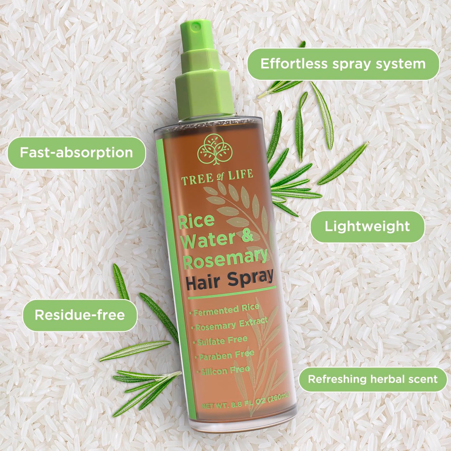 Tree of Life Beauty Rice Water Hair Spray Rosemary Water Spray for Hair Growth (8.8 fl oz) - Hair Thickening Fermented Rice, Caffeine, Rosemary Extract, Biotin, Keratin and Castor Oil Scalp Care