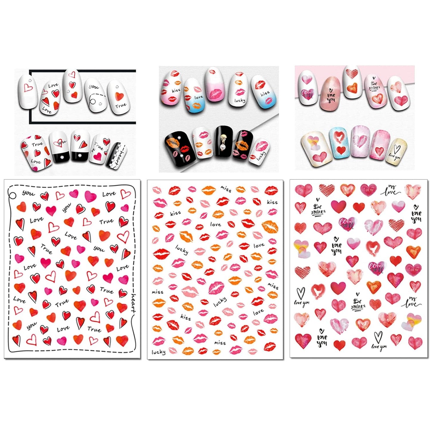 TailaiMei 12 Sheets Valentine's Day Nail Stickers, Self-Adhesive DIY Nail Art Decals, Design for kiss Love Hug (982 Pcs)