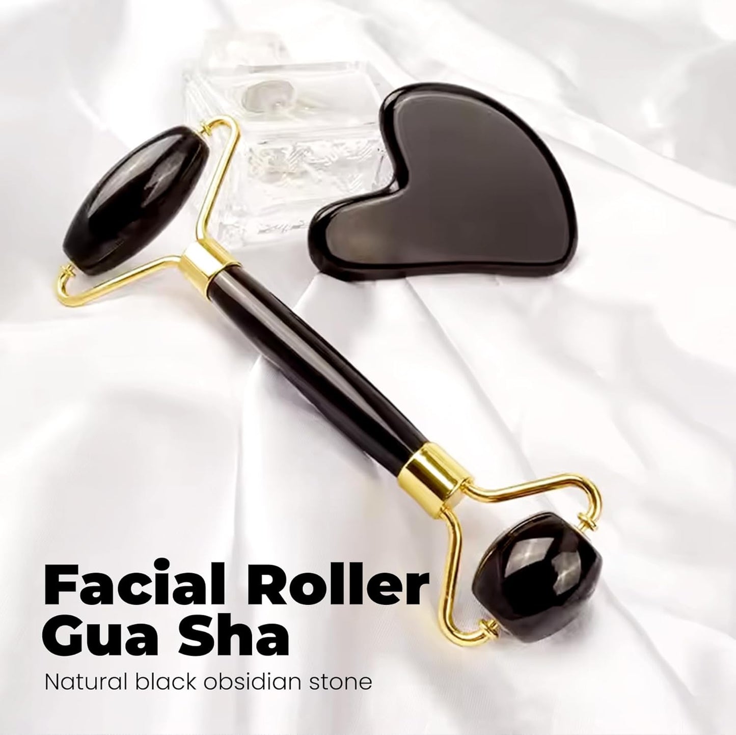 Gua Sha Facial Tools & Face Roller by ROSELYNBOUTIQUE Original Face Massager for Puffiness Wrinkless Skin Care Routine - Self Care Gift for Men Women (Black Obsidian)