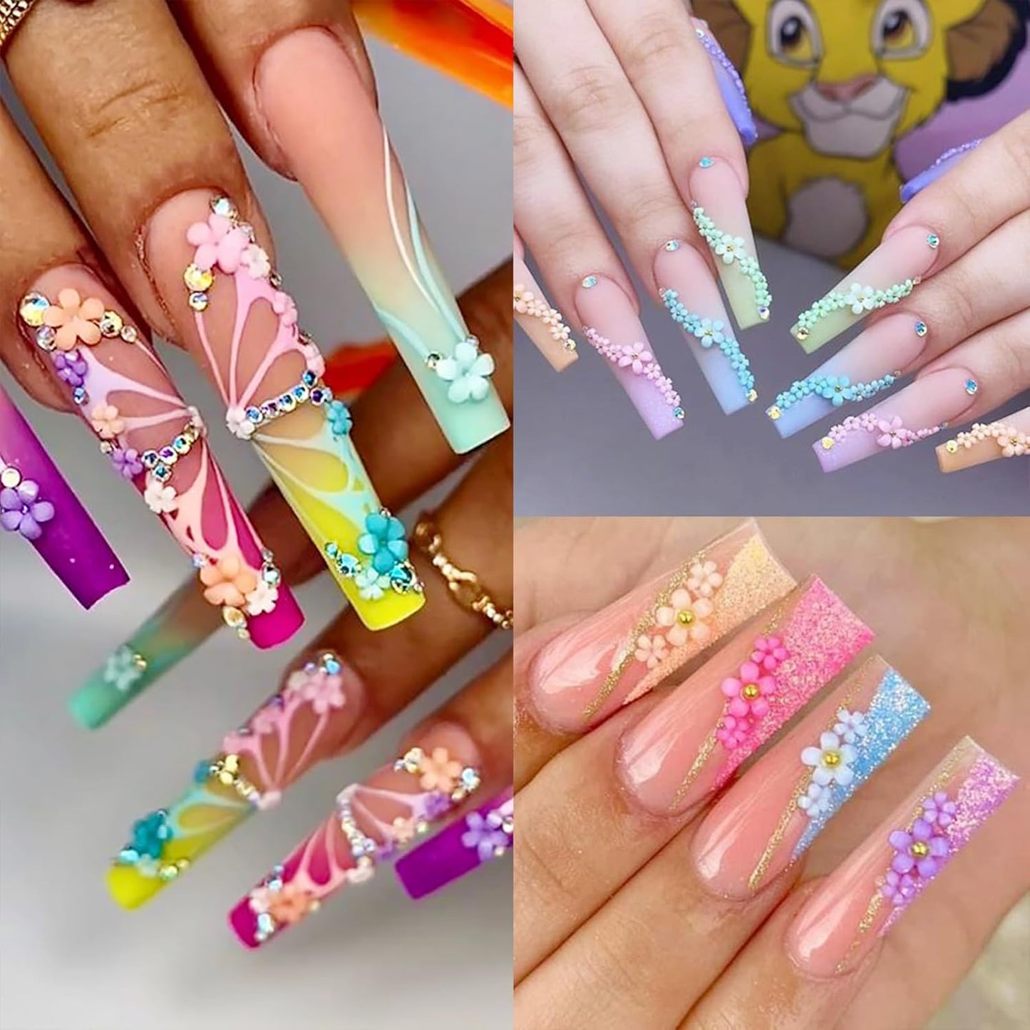 3D Pink Pastel Acrylic Flower Nail Charms - Mixed Rhinestones Kit with Gold Caviar Beads & Crystal AB Color Gems